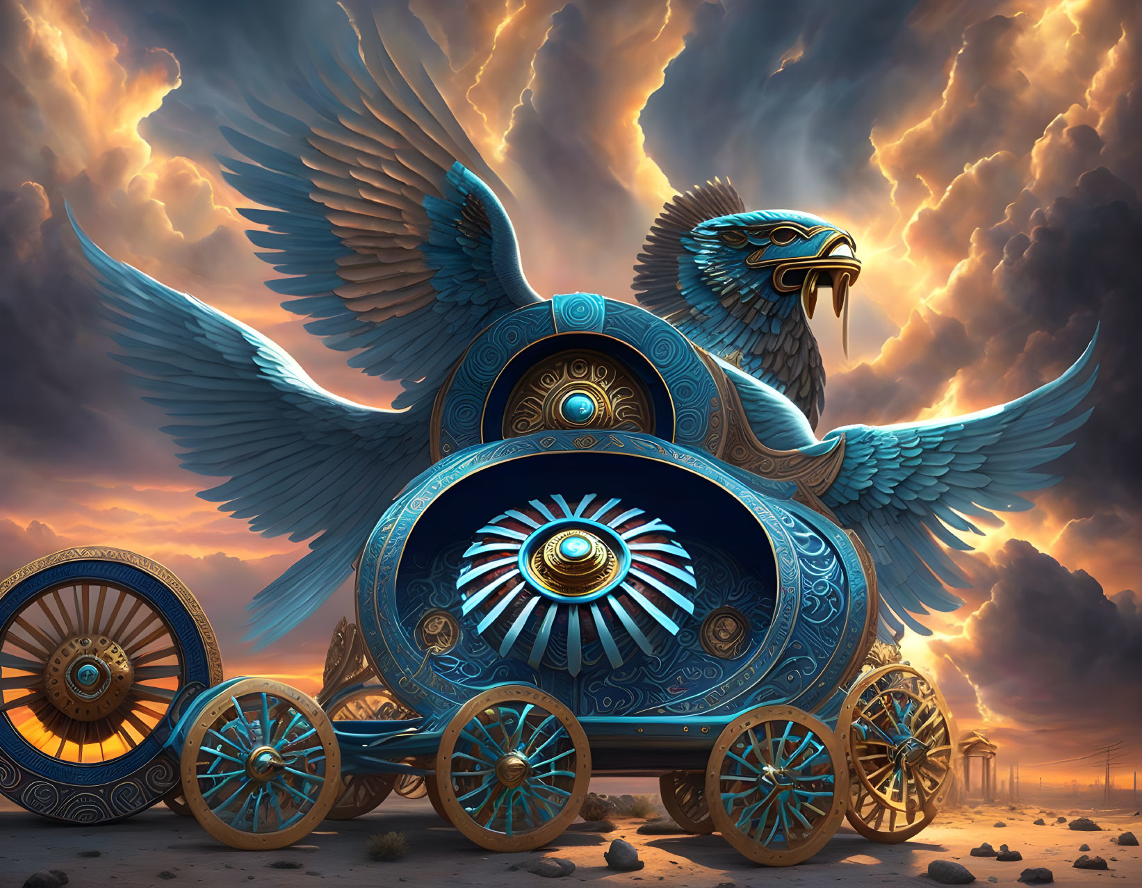 Ornate eagle-themed chariot under dramatic sky