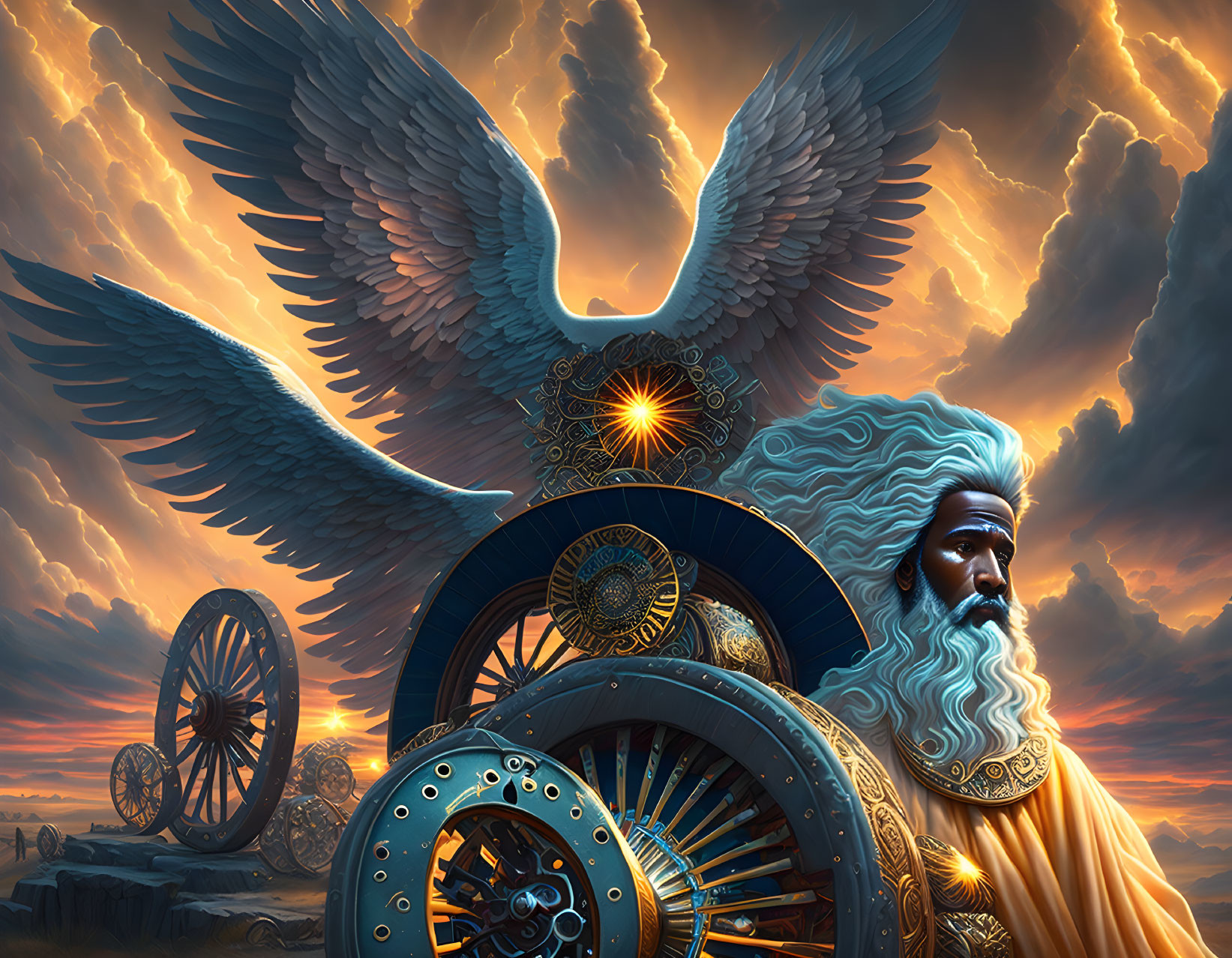 Majestic bearded figure with cogwheel chariot and mechanical wings in dramatic sky