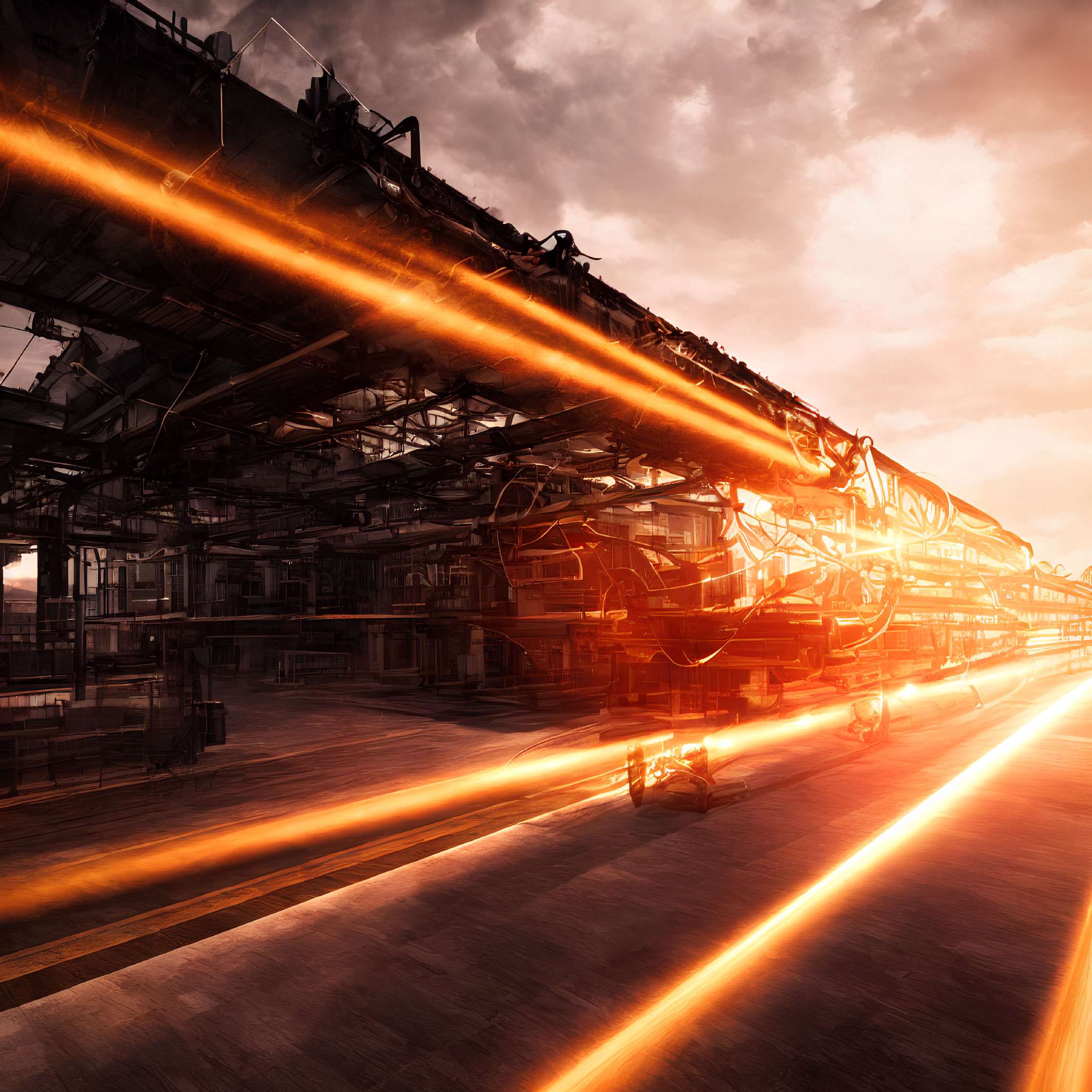 Futuristic train with glowing orange lines in dystopian industrial landscape