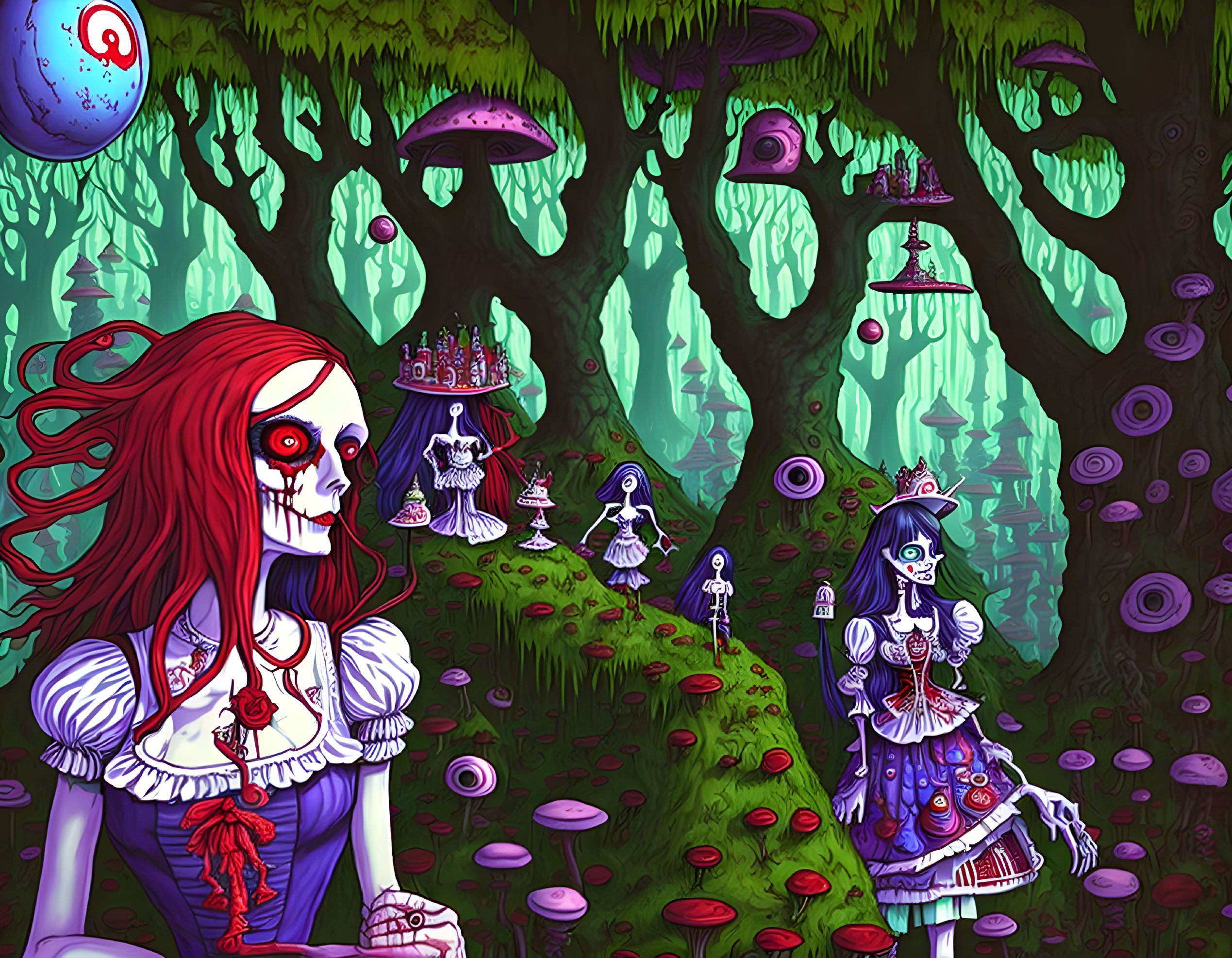 Fantastical forest scene with eye-studded trees and gothic characters