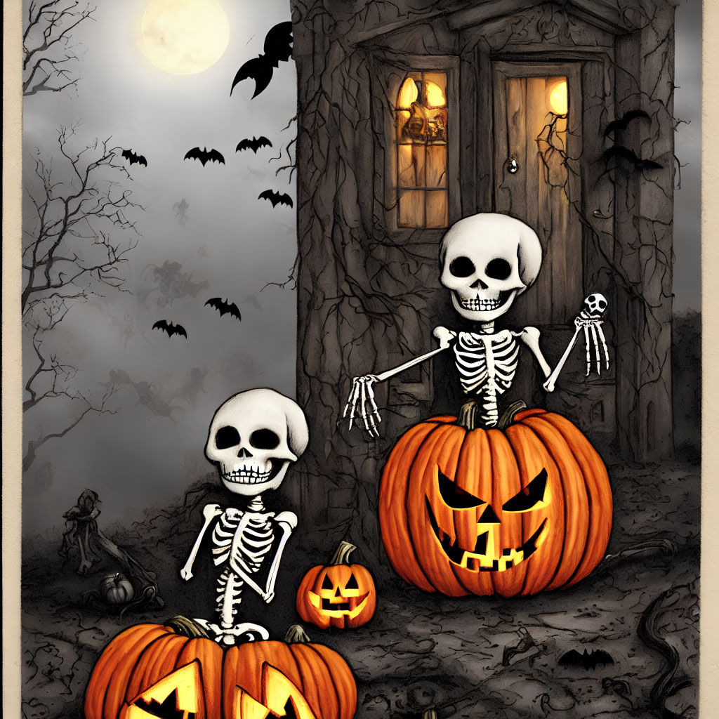 Skeleton Pumpkin Bodies and Spooky Setting with Bats and Full Moon