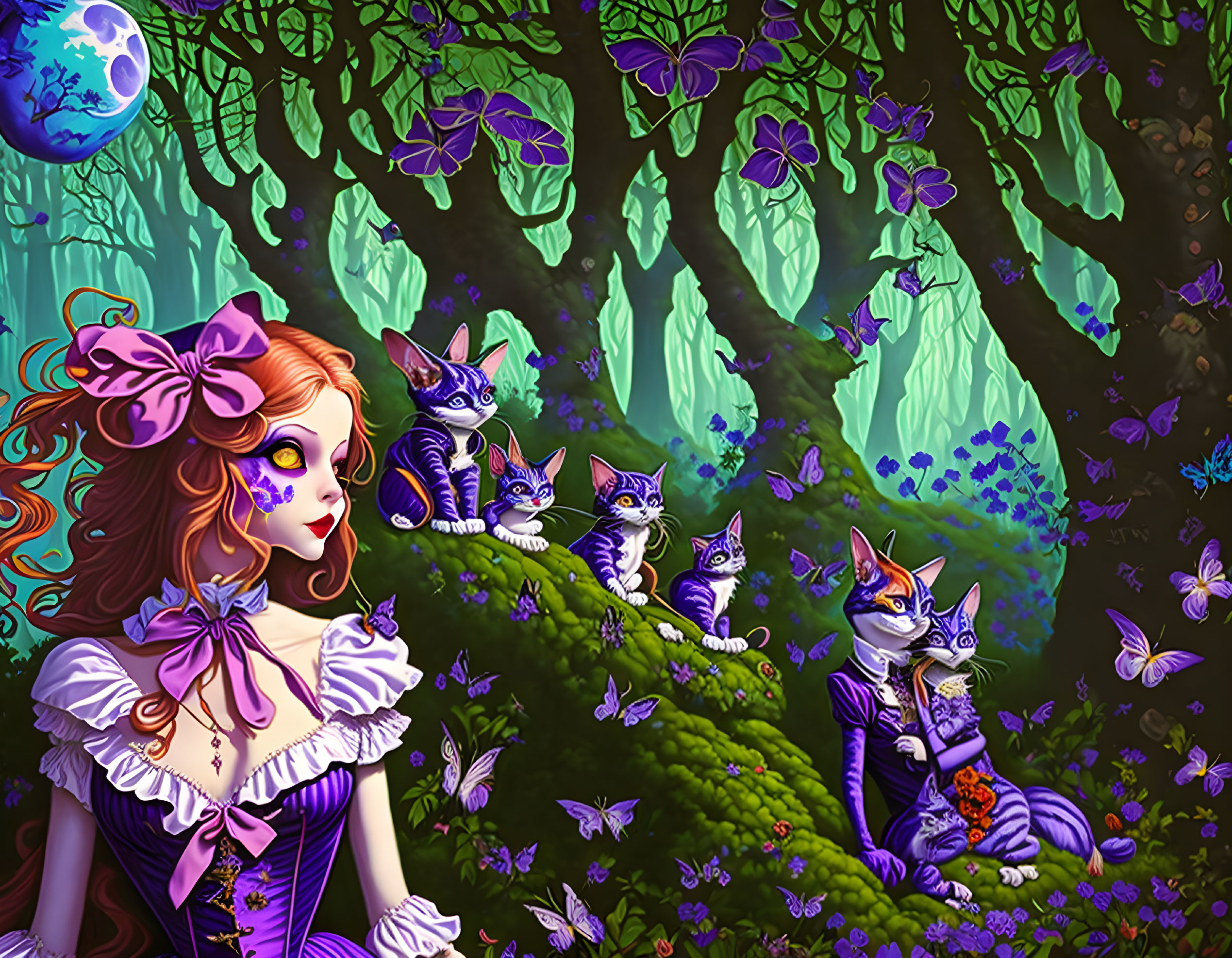 Purple-themed woman with whimsical striped cats in magical forest with butterflies & glowing blue moon