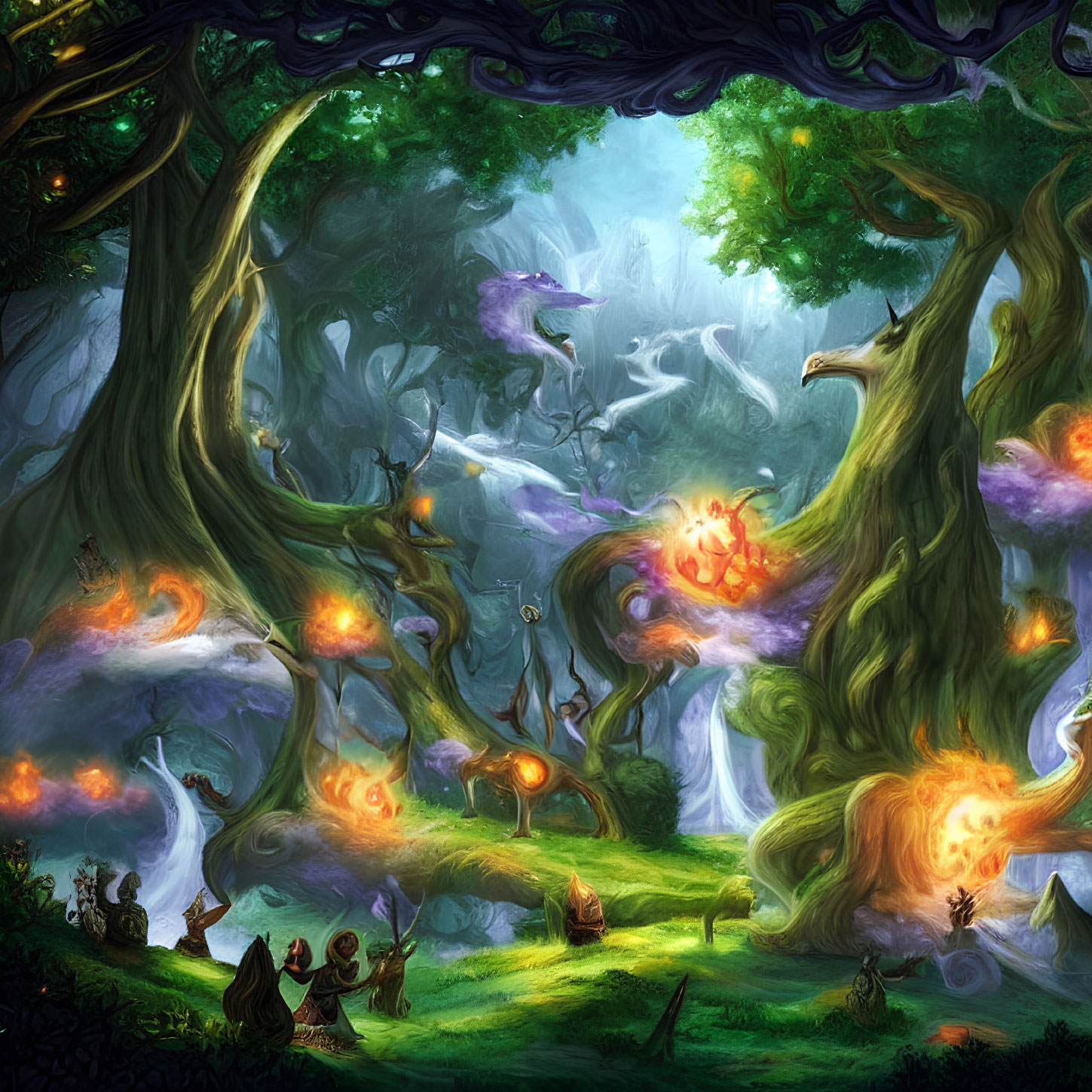 Mystical Enchanted Forest with Towering Trees and Cloaked Figures