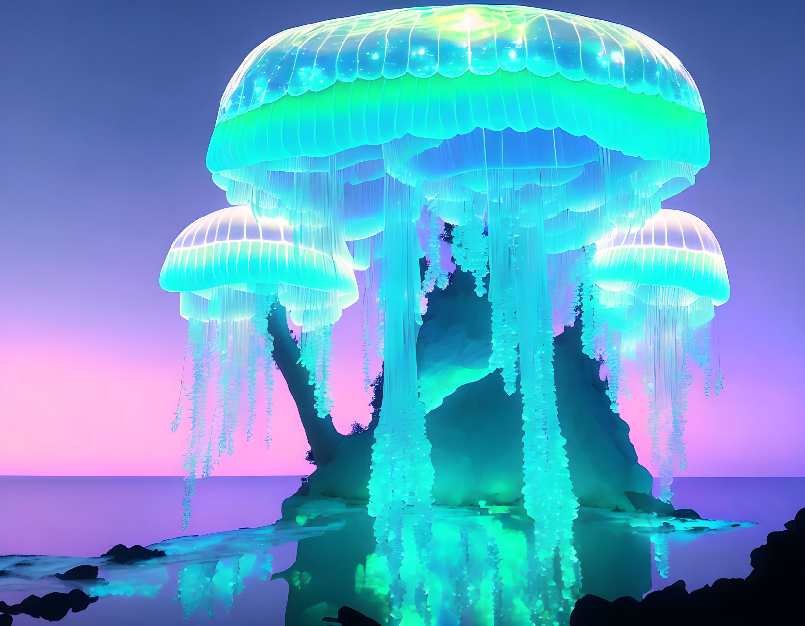 Digital artwork: Luminescent jellyfish over rocky island in serene sky