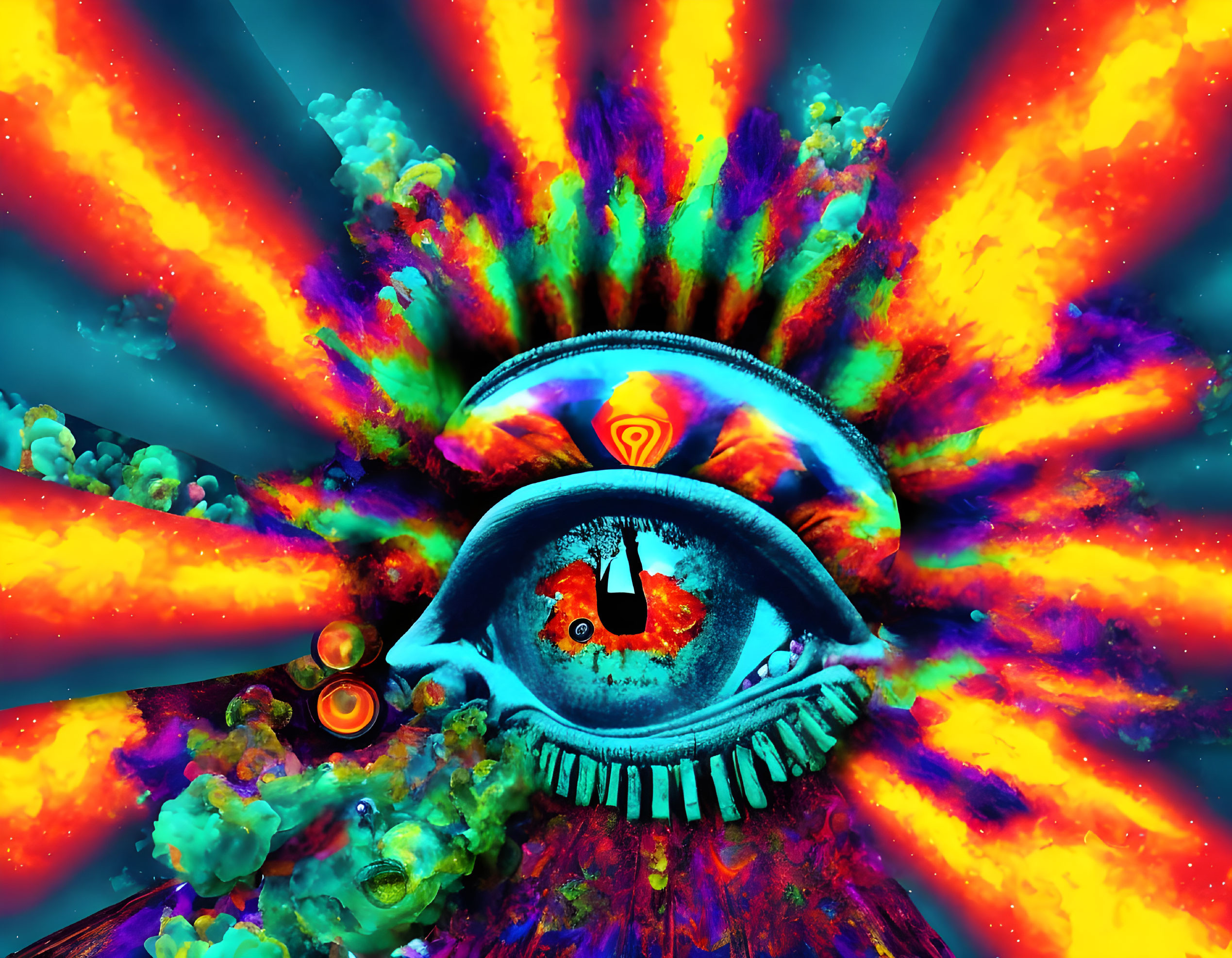 Colorful psychedelic eye with explosive patterns and abstract shapes