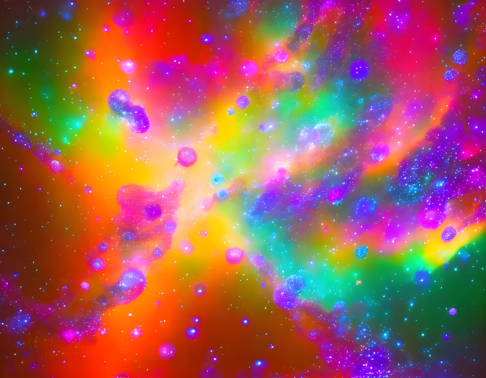 Colorful digital cosmic image featuring multicolored nebulae and stars in deep space