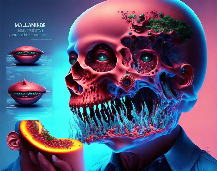 Surreal artwork featuring skull with nature imagery