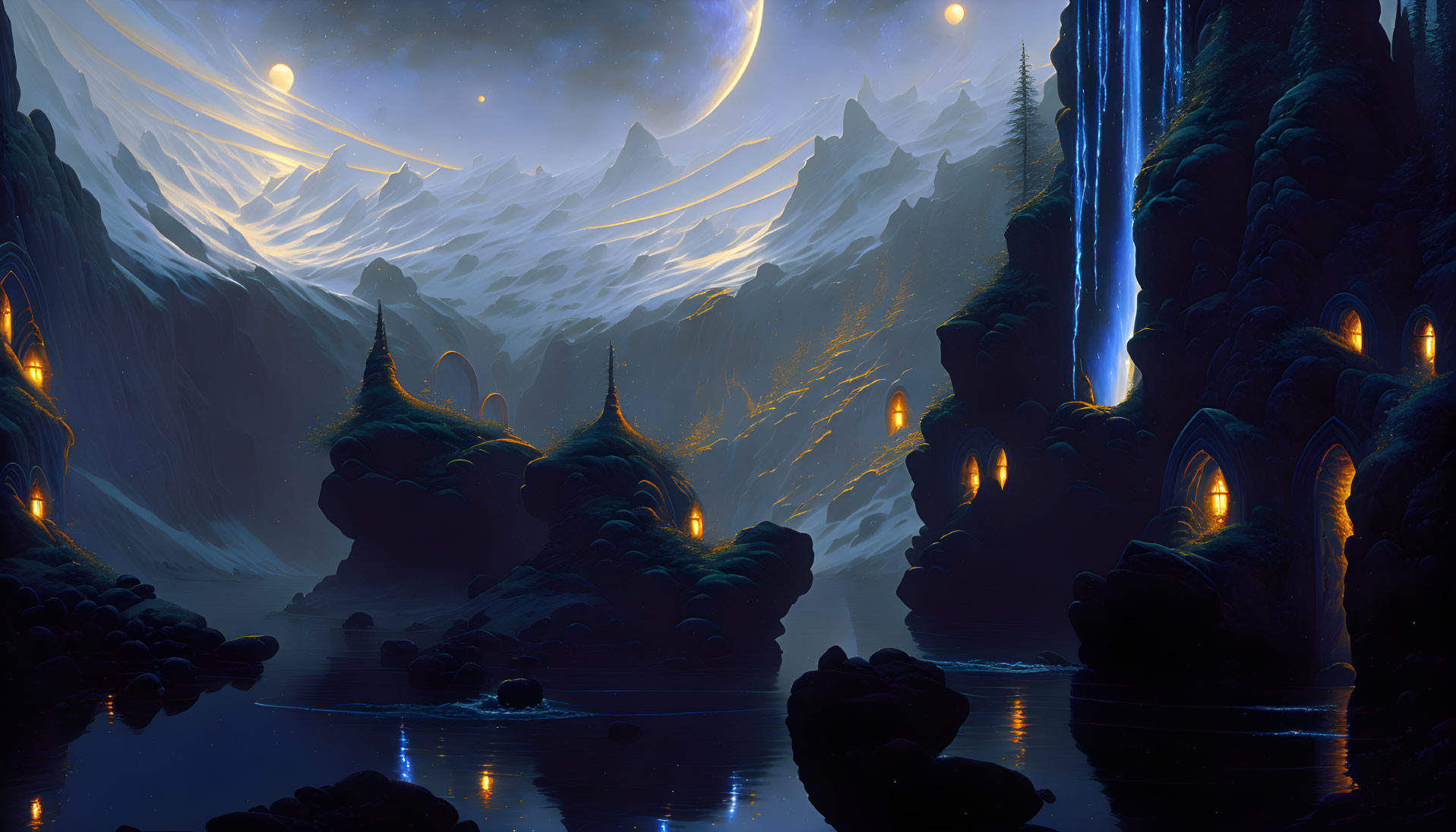 Mystical nocturnal landscape with fantasy structures and celestial sky