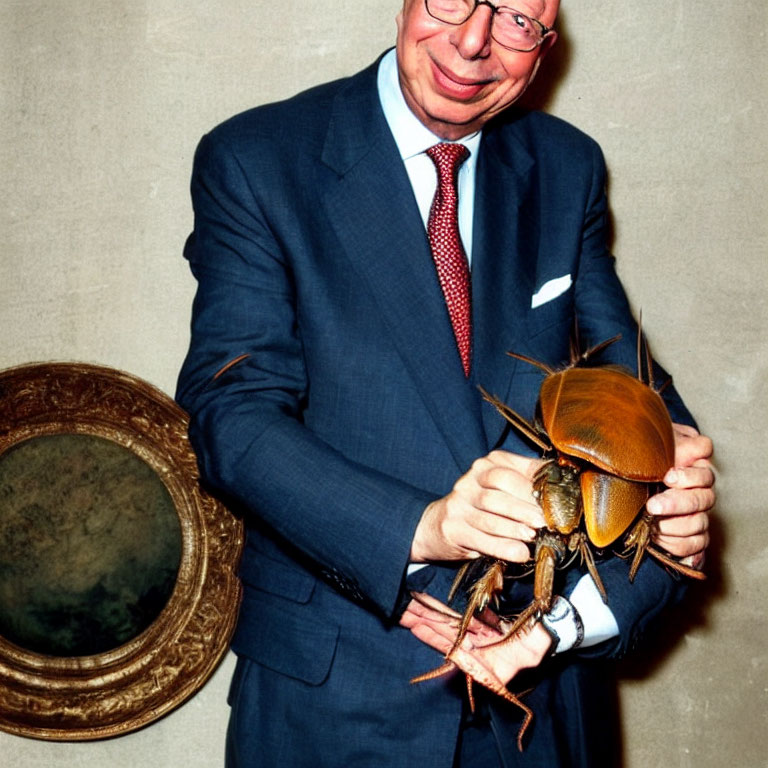 Man in suit holding large insect with pincers near portrait frame