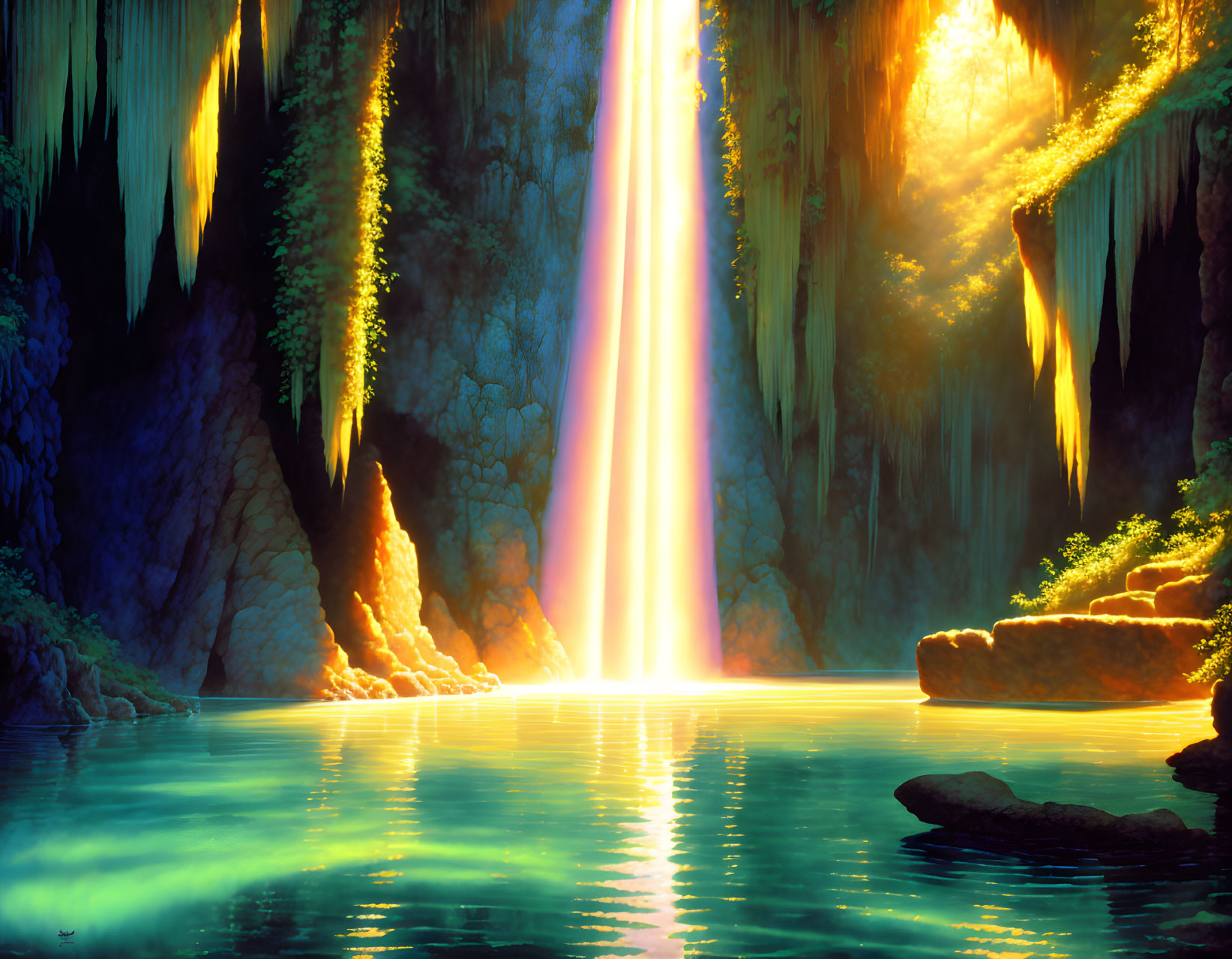 Tranquil waterfall in turquoise pool with lush surroundings