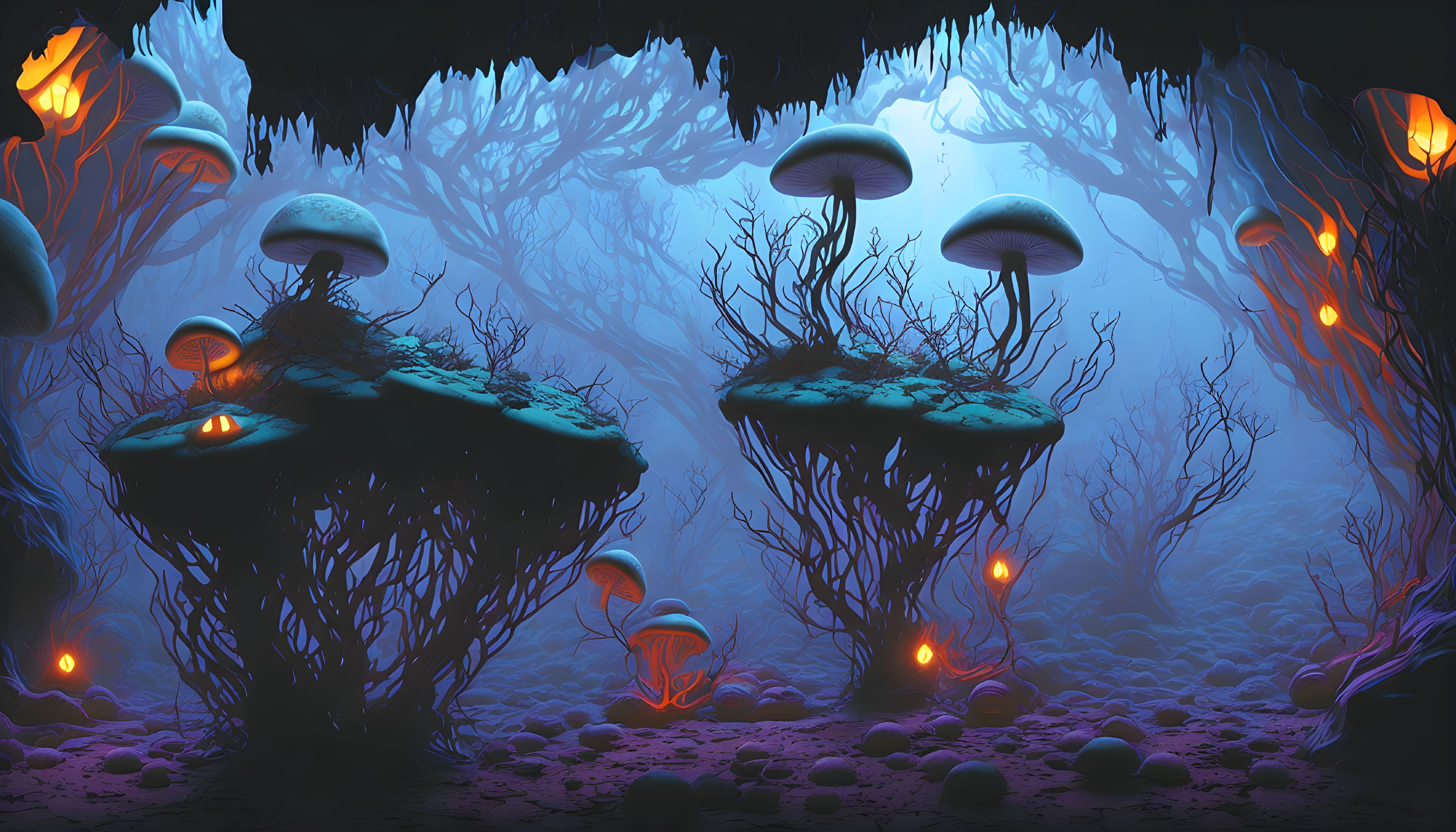 Enchanting neon-lit forest with glowing flora and towering mushroom-like structures