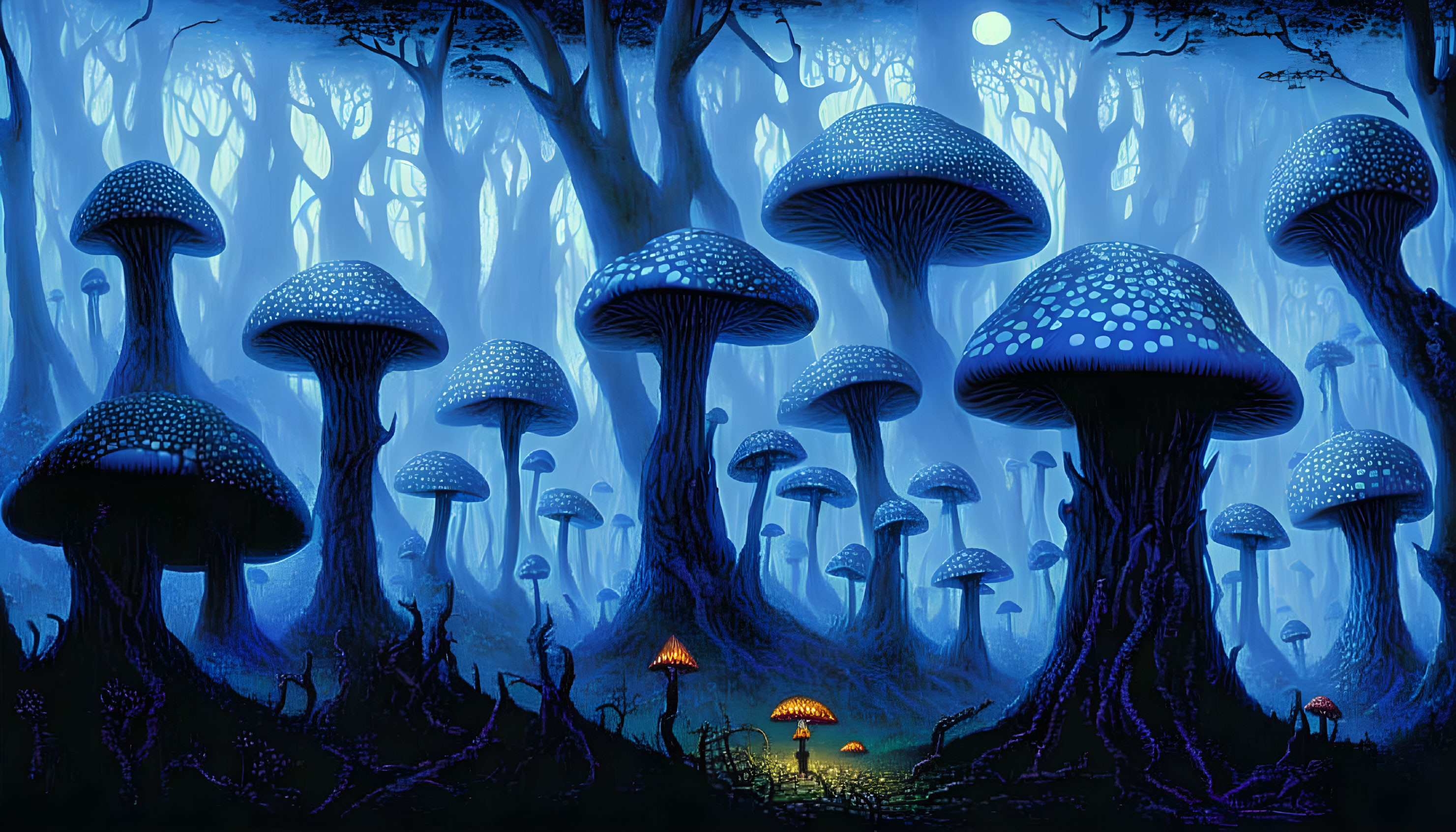 Enchanting Moonlit Forest with Oversized Blue Mushrooms