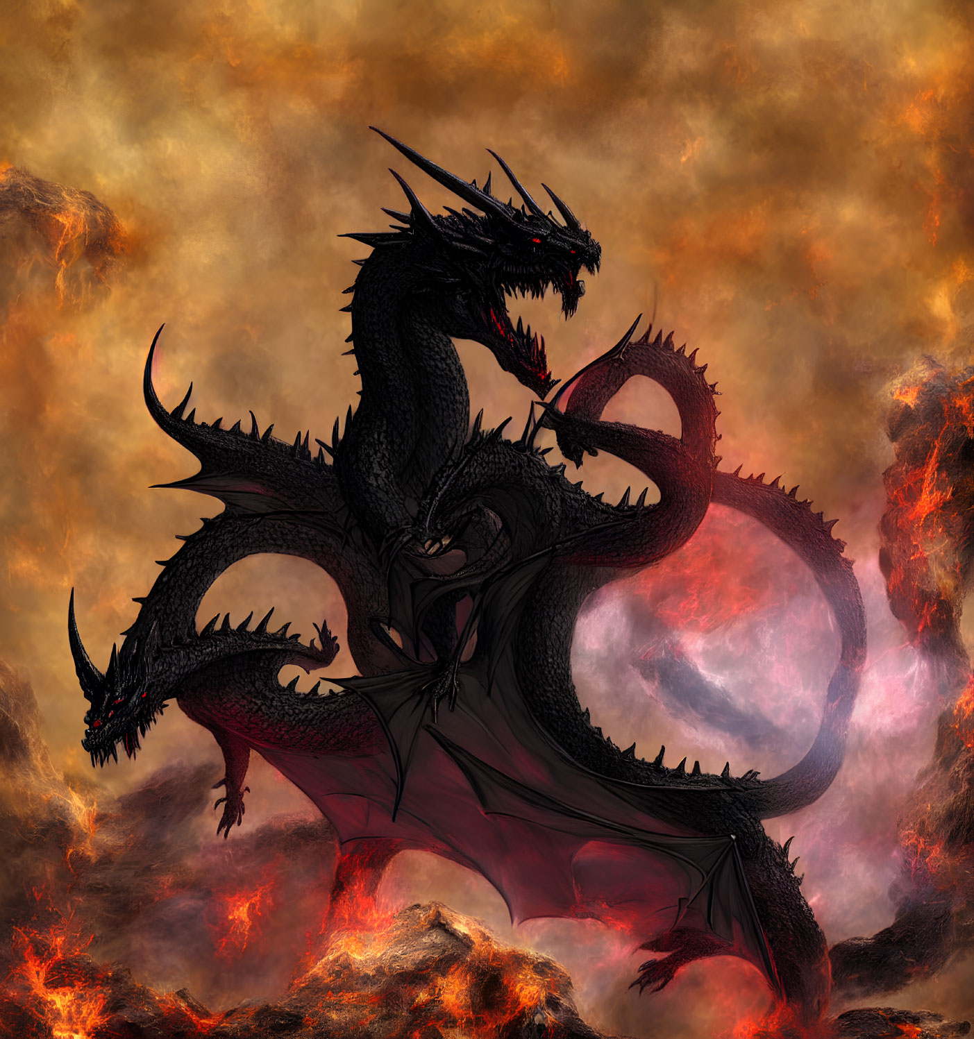 Black multi-headed dragon with red eyes in fiery scene