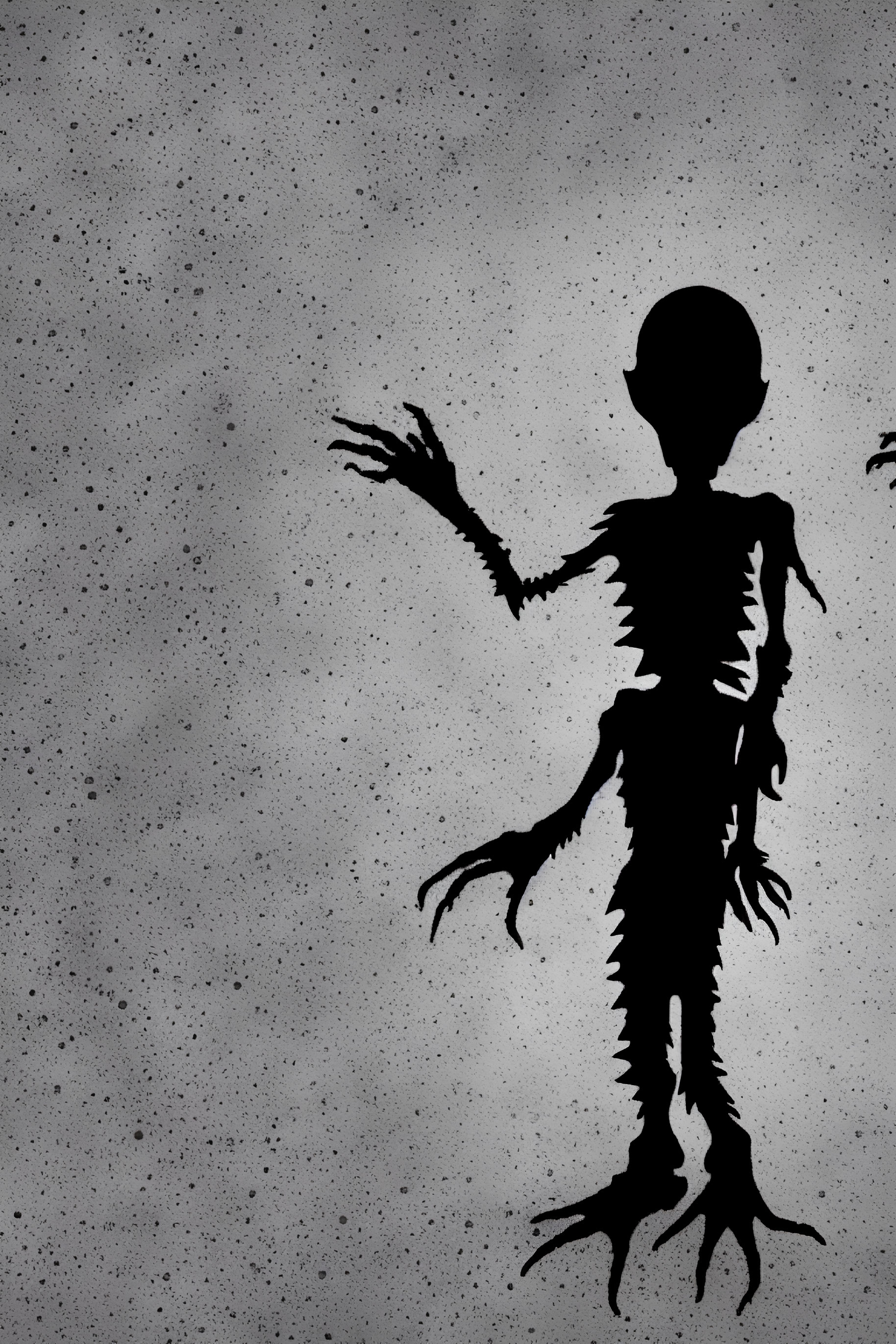 Alien figure silhouette with elongated limbs on grey background