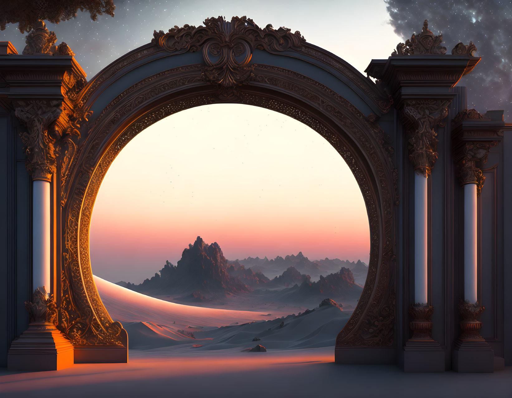 Baroque archway frames desert landscape with dunes and twilight sky