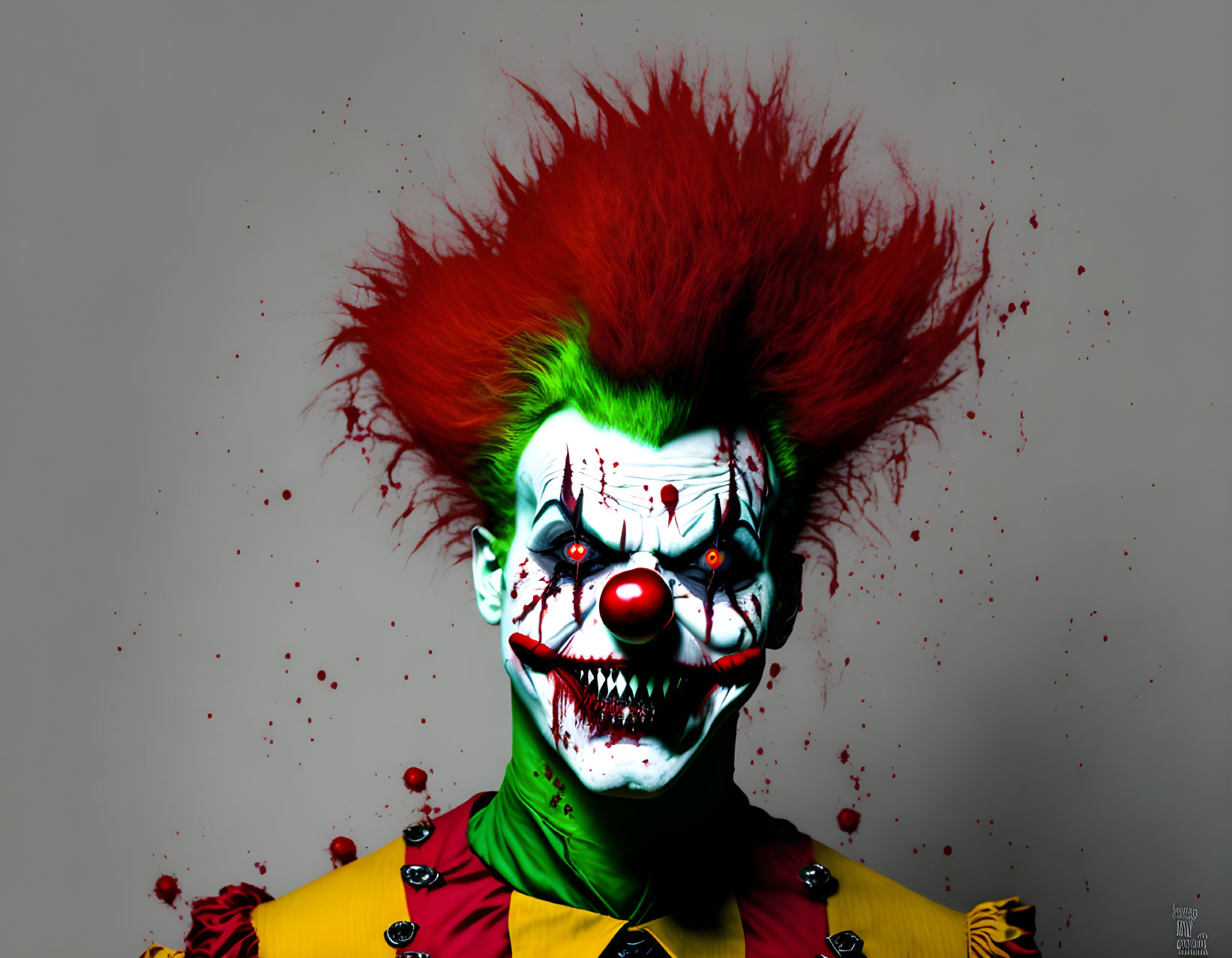 Vivid red hair and clown makeup with white face paint, green eyes, red nose, and wide