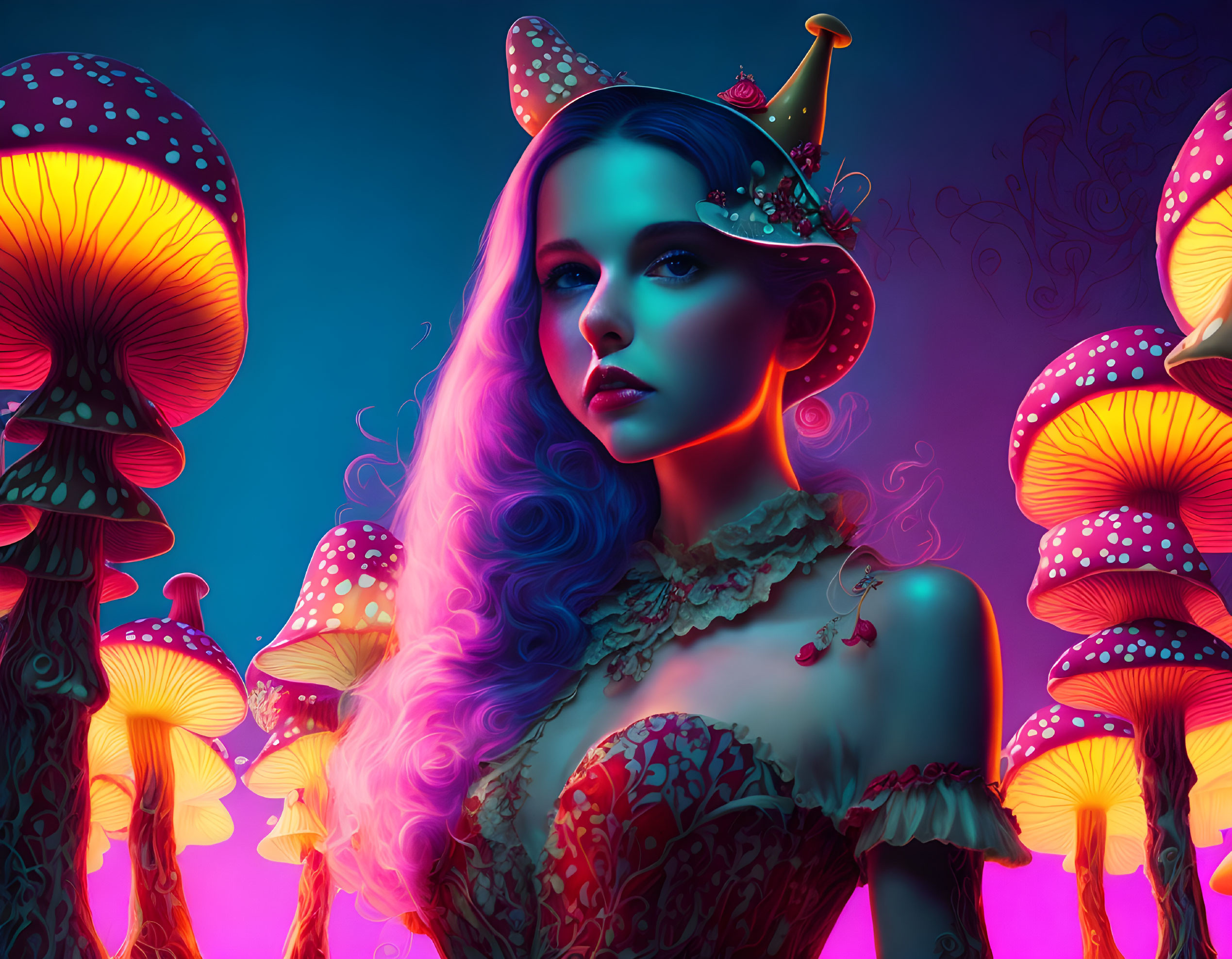 Portrait of woman with blue hair and crown, neon mushrooms backdrop