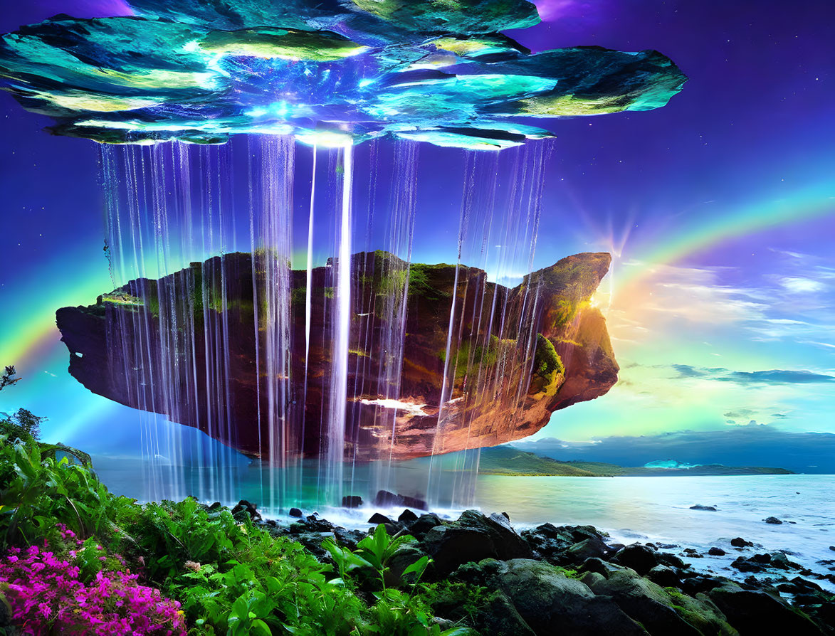 Floating Island with Waterfalls & Aurora Lights in Starry Sky