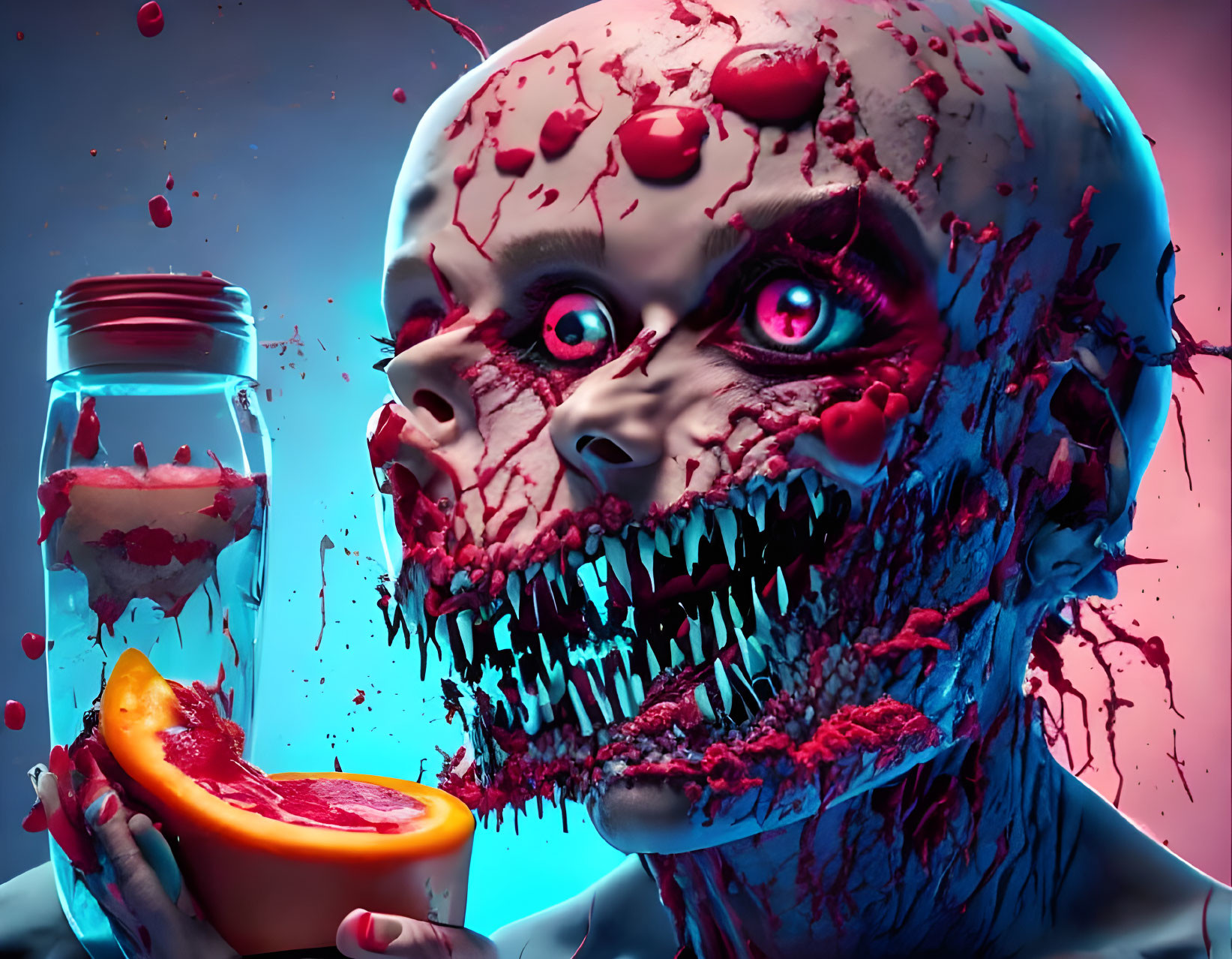 Detailed 3D rendering of zombie-like creature with brain in jar and bloodied fruit on blue background