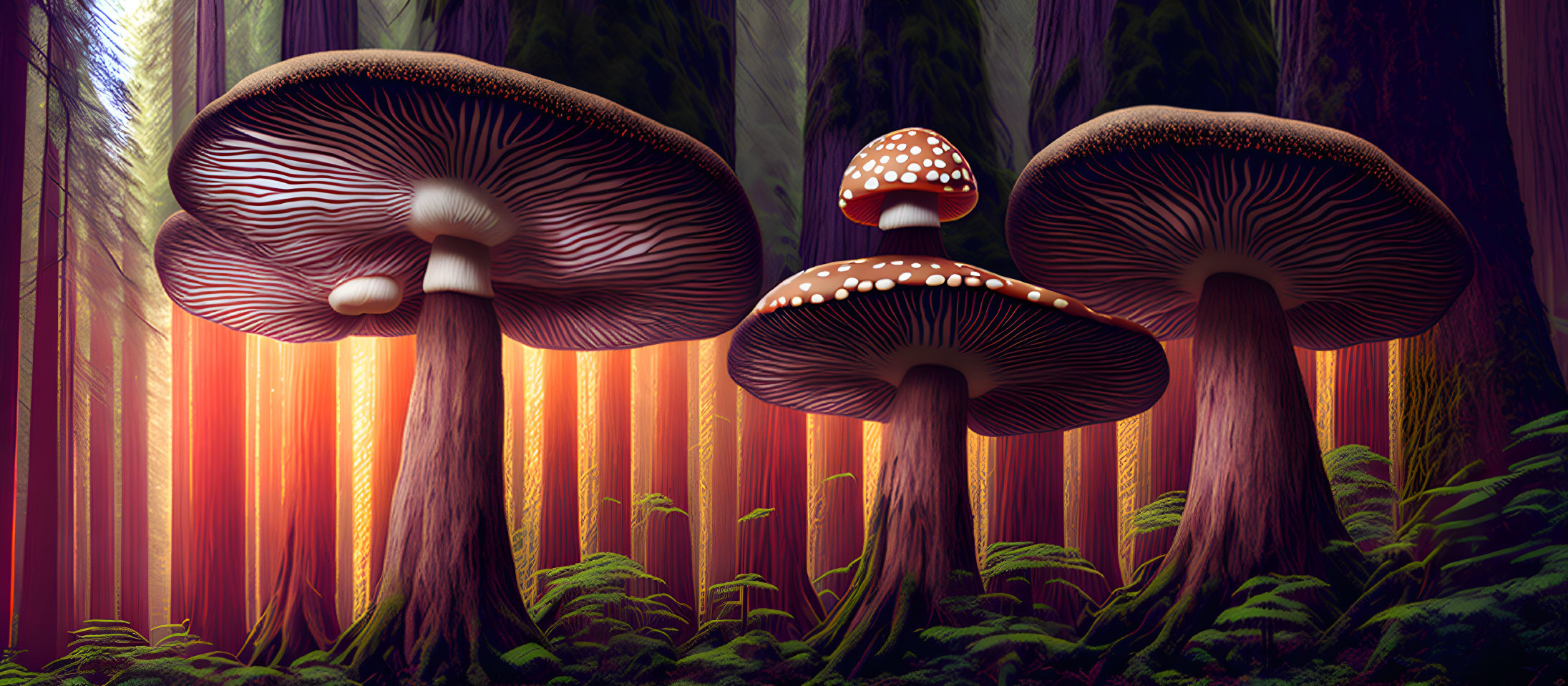 Illustrated giant mushrooms in forest with sunlight filtering through tall trees