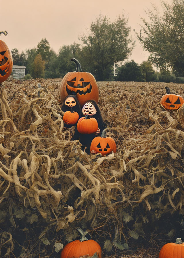 Field of Stacked Carved Pumpkins Under Overcast Sky