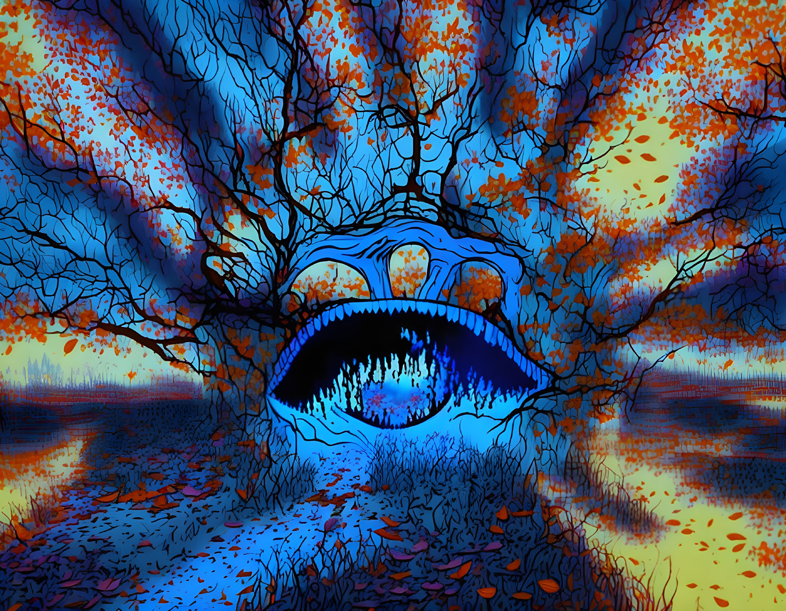 Surreal landscape with eye-shaped lake, twisted trees, orange and blue sky