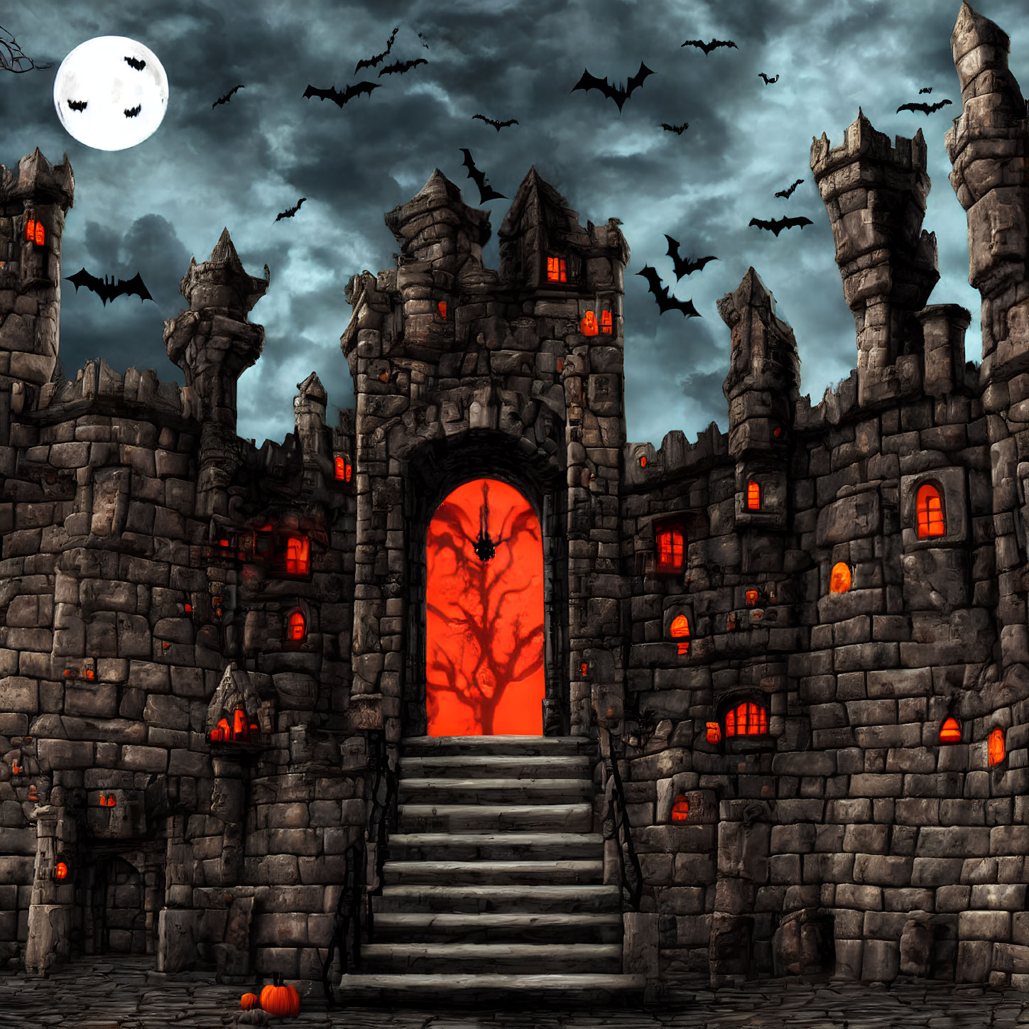 Spooky castle with red-lit entrance, bats, crescent moon