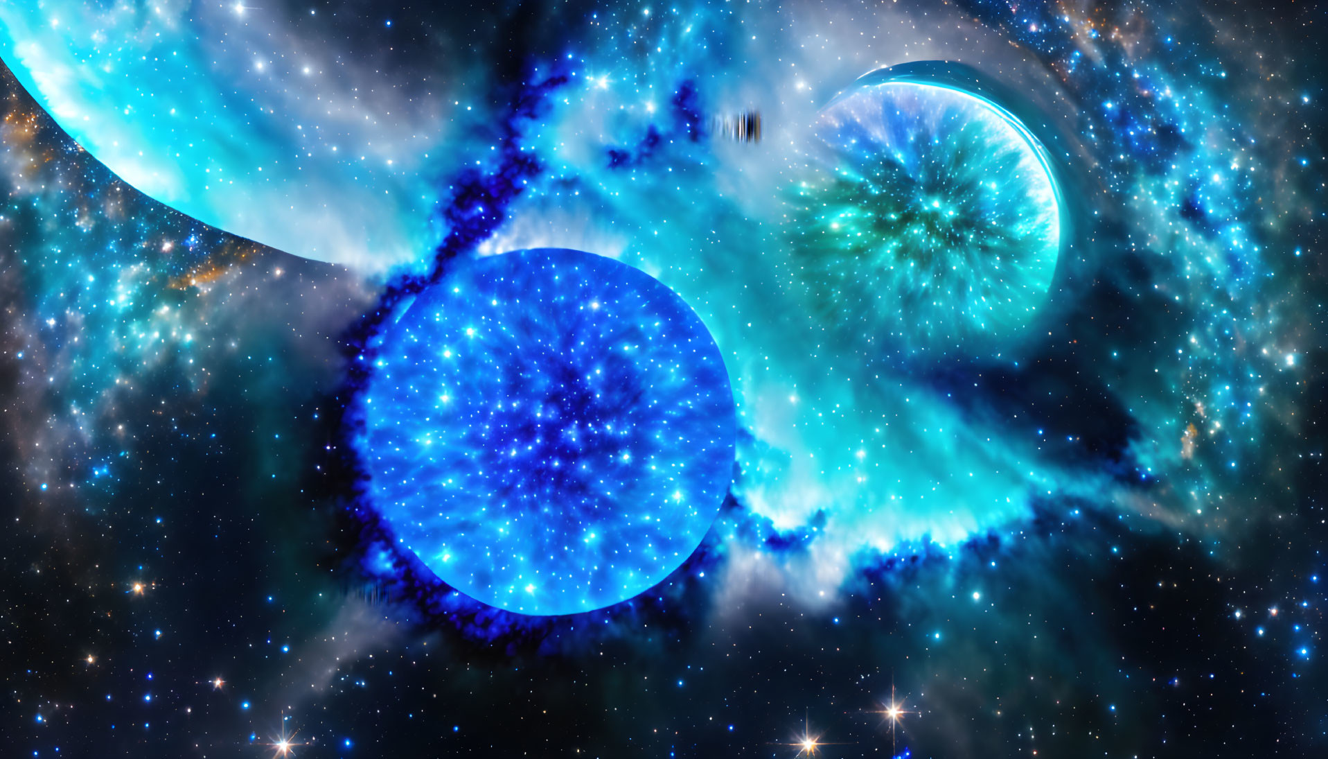 Digital art: Three glowing blue celestial bodies in cosmic scene