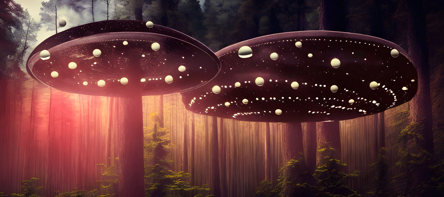 Fantasy-style mushrooms in forest with sunlight.