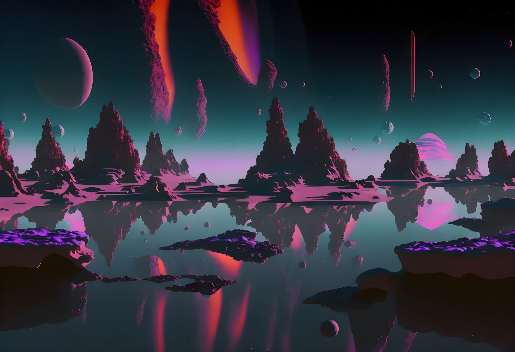 Surreal alien landscape: rocky spires, reflective water, dark sky with moons, colorful comet