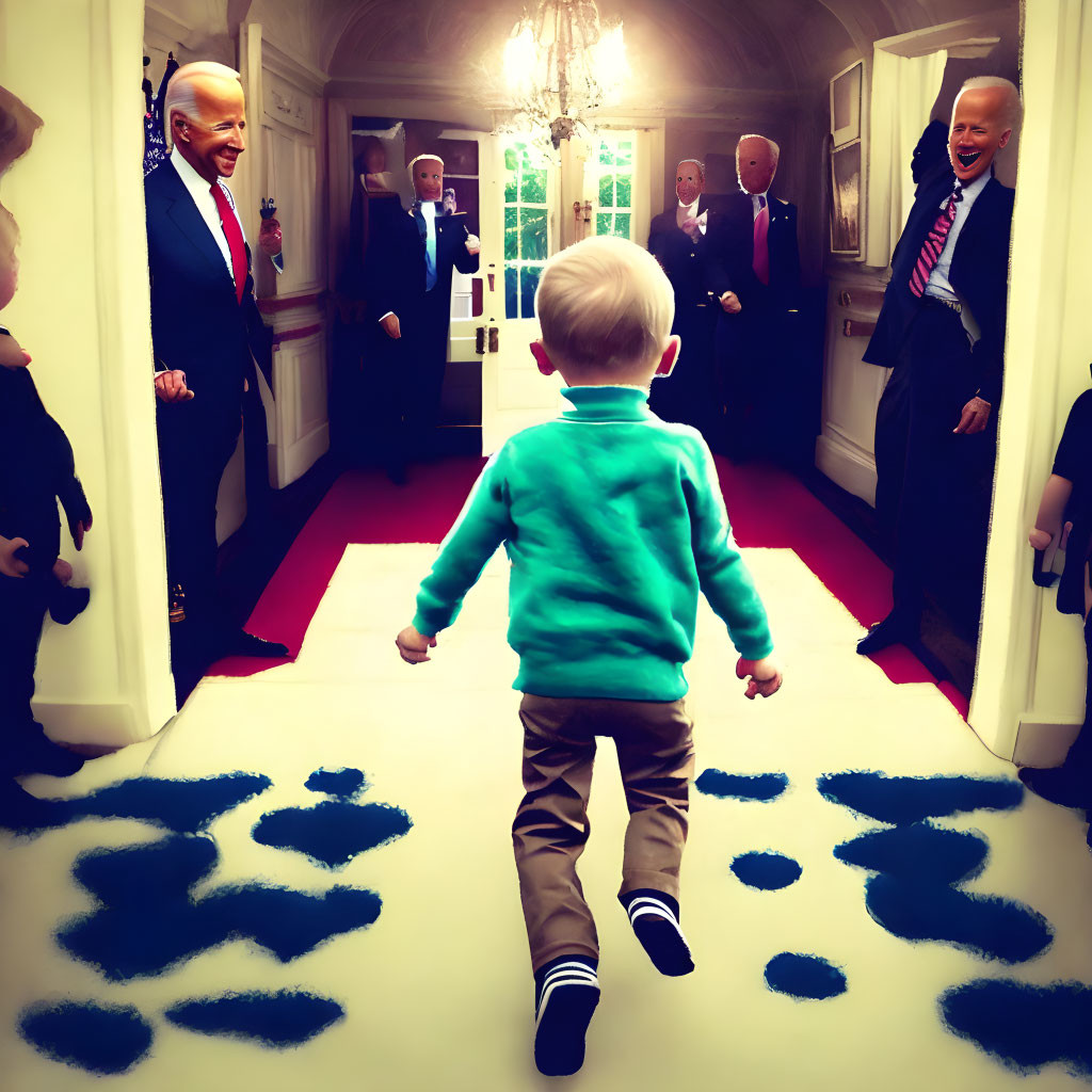 Toddler walking towards smiling man in suit surrounded by footprints