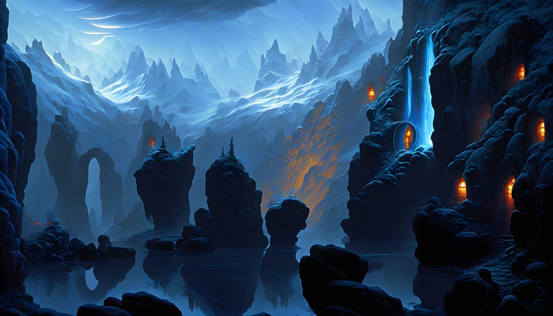 Mythical landscape with glowing windows, icy cliffs, serene lake