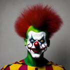 Vivid red hair and clown makeup with white face paint, green eyes, red nose, and wide