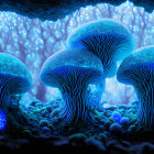 Enchanting Moonlit Forest with Oversized Blue Mushrooms