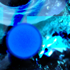 Digital art: Three glowing blue celestial bodies in cosmic scene