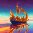 Mystical ship with glowing sails on reflective waters at sunset