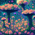 Colorful Stained Glass Style Illustration of Whimsical Mushrooms & Celestial Motifs