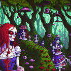 Fantastical forest scene with whimsical women in Alice in Wonderland costumes