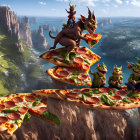 Colorful goblins enjoying pizza on cliffside with castle and flying companions.