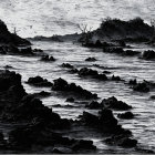 Monochrome image of rugged coastline with figure and crashing waves