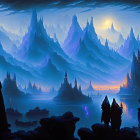 Mystical landscape with silhouetted figures and glowing artifact