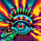 Colorful psychedelic eye with explosive patterns and abstract shapes