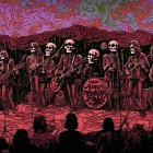 Colorful psychedelic band illustration with multiple members and skulls.