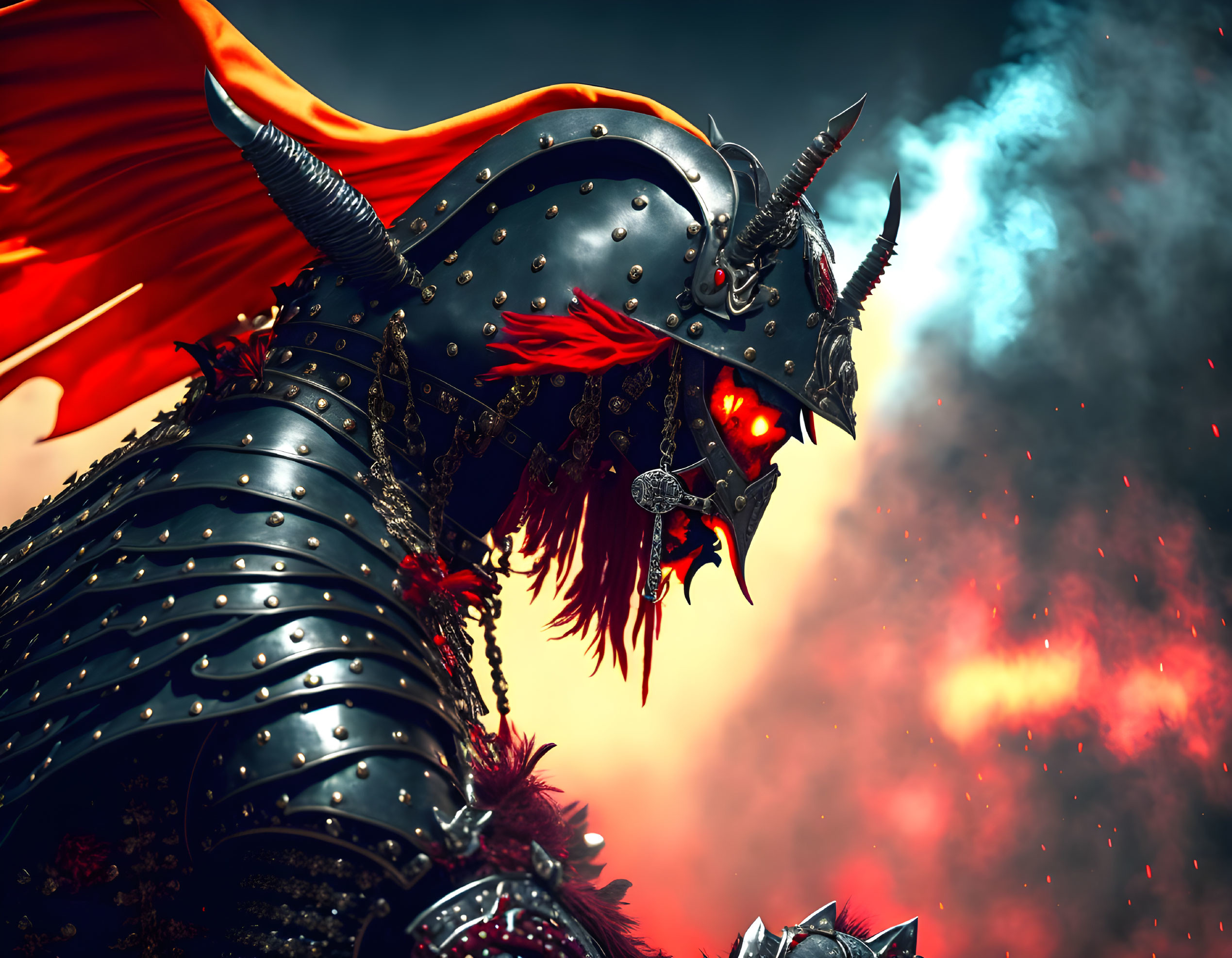 Armored figure with dragon helmet and red cape in fiery setting