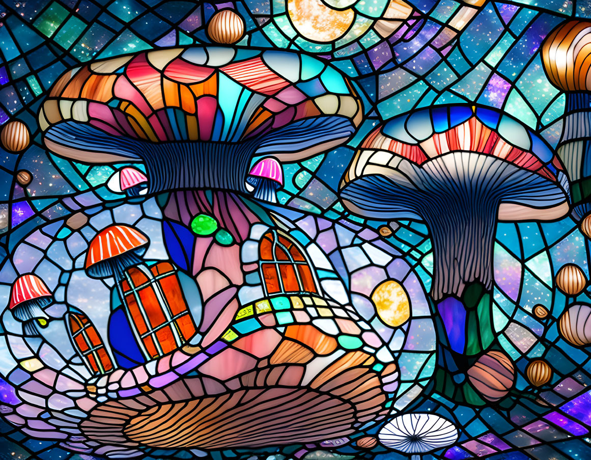 Colorful Stained Glass Style Illustration of Whimsical Mushrooms & Celestial Motifs