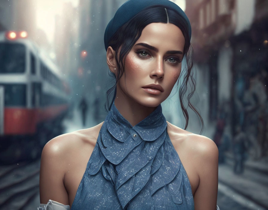 Photorealistic digital portrait of woman with dark hair and green eyes in blue headscarf.