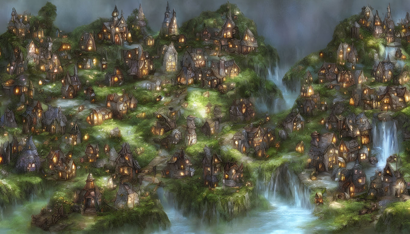 Rustic fantasy village on lush green hills with waterfalls & soft glow