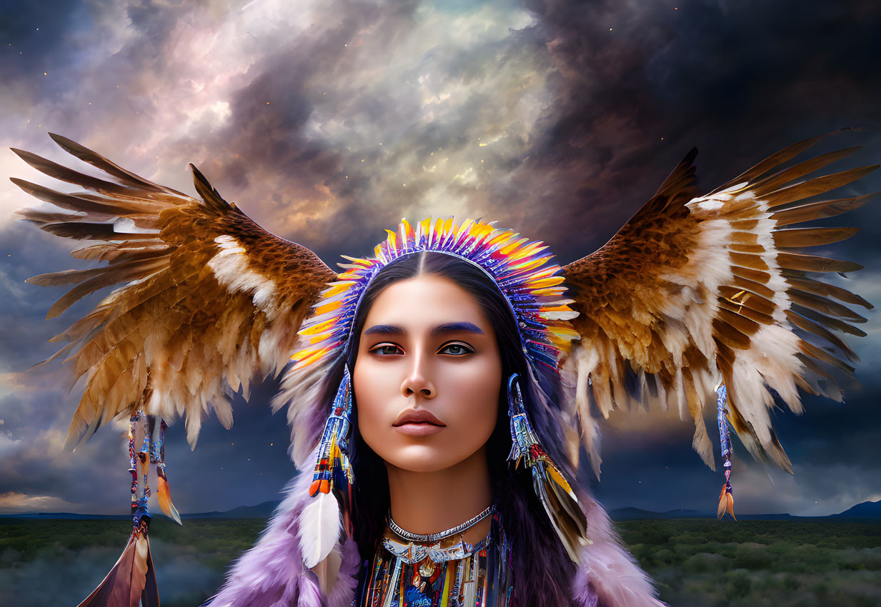 Digital artwork: Woman in indigenous attire with wings, set against dramatic sky and landscape