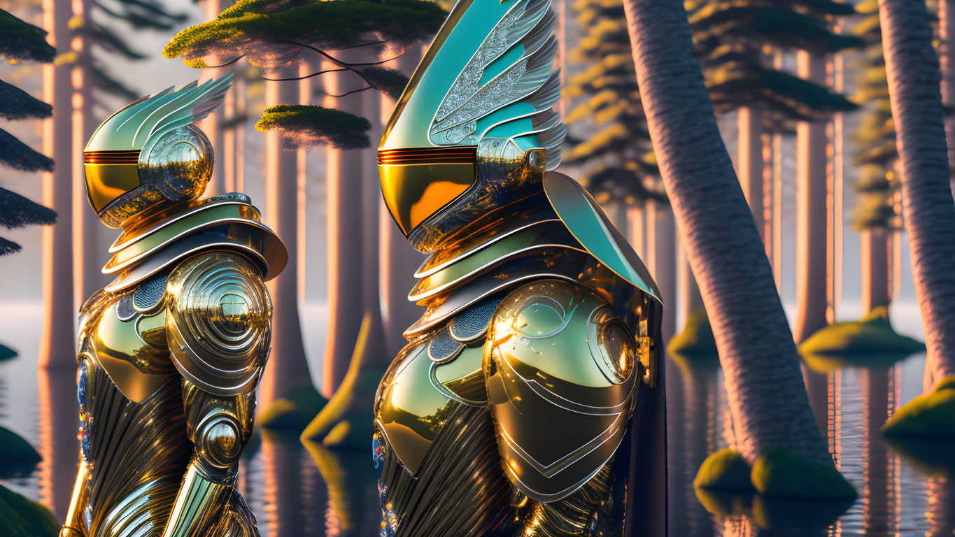 Reflective Gold and Black Robotic Figures in Sunset Forest