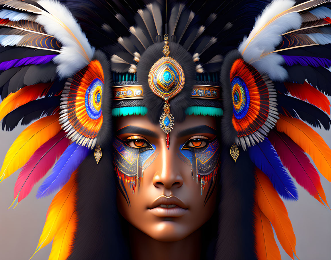 Colorful digital portrait featuring intricate face paint and vibrant feather headdress.